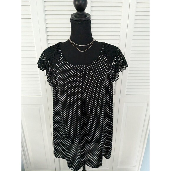 Philosophy Top Womens Sz 1X Black Polka dot Chiffon Lace Cap Slv Cocktail Blouse - Picture 1 of 10